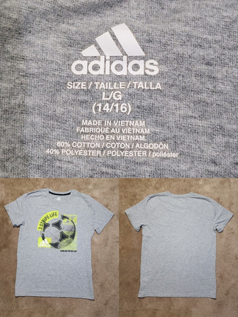 Adidas Kids Gray Tee with Bright Green Soccer Graphic Sz Lg 14/16